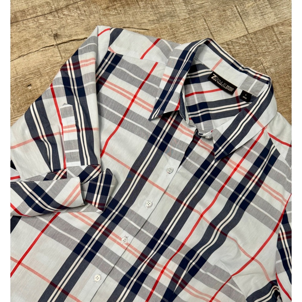 New York & Company 7th Avenue Plaid Button Down Shirt Navy Red White Large